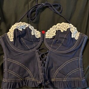 For Love And Lemons Dark Blue Lace-Up Bustier Top size Large $65